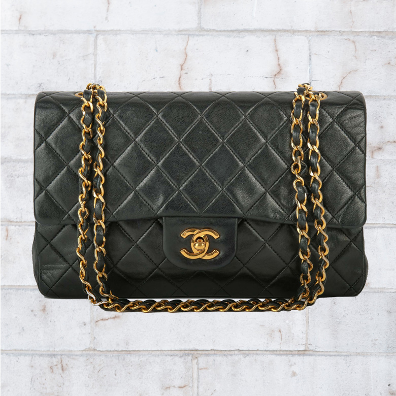 a picture of a black chanel designer handbag